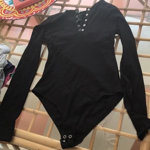 FOREVER21 Black Ribbed Knit Long Sleeve Bodysuit